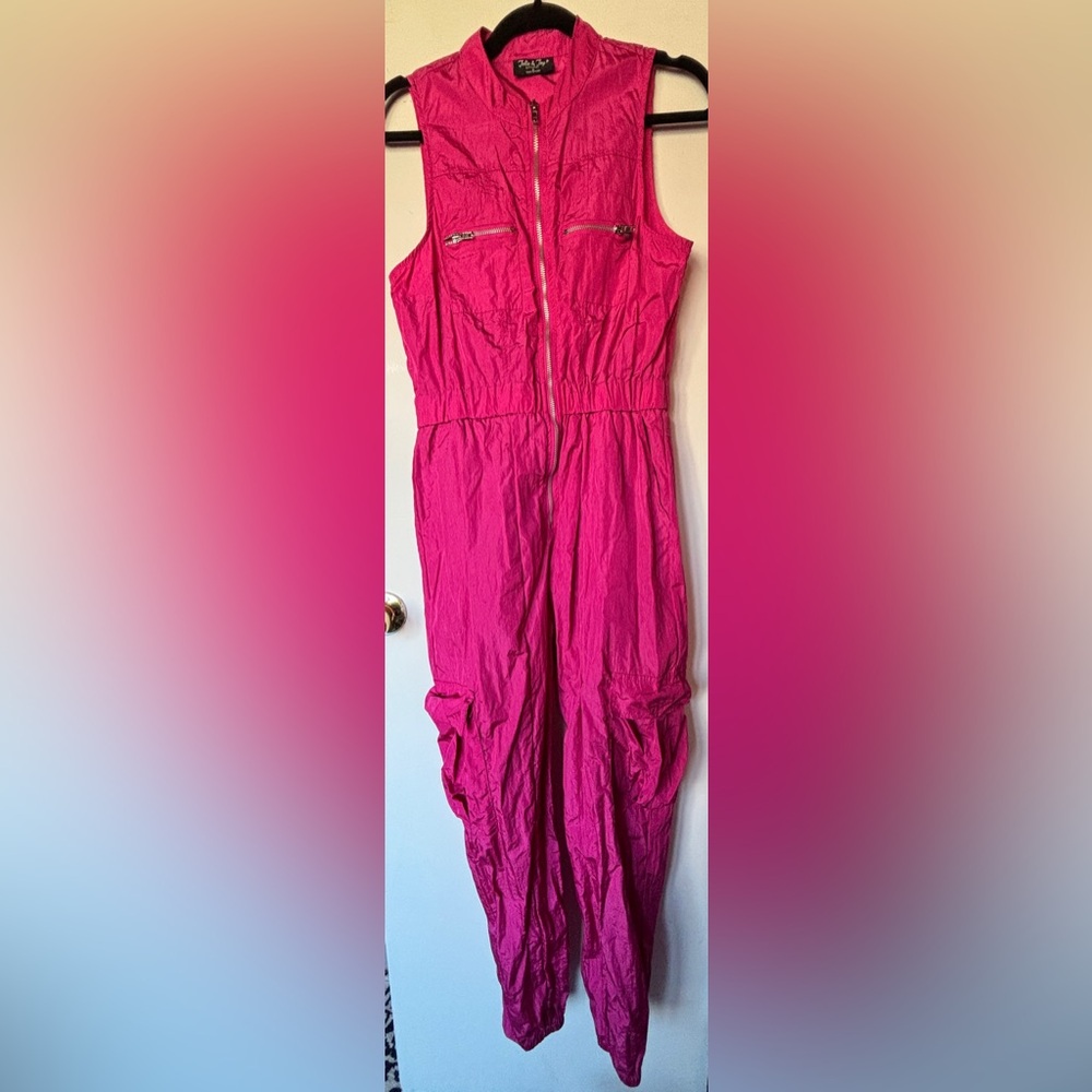 Vibrant Pink Jumpsuit CARGO POCKETS elastic waist